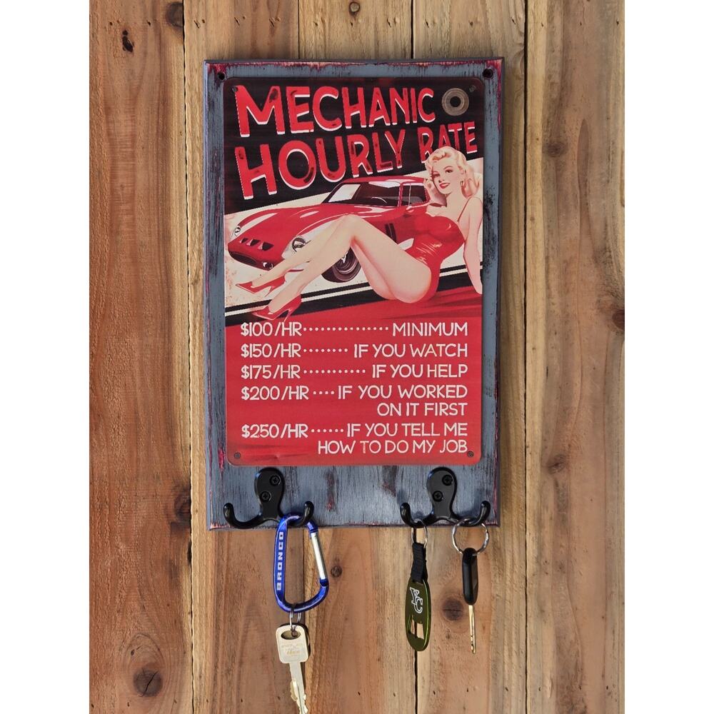 Mechanic Shop Sign Mounted on Solid Wood with hooks Handmade Rustic Vintage Look